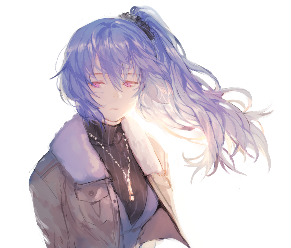 1girl, claire_rieveldt, eiyuu_densetsu, female_focus, fur_trim, jewelry, kyotyan, necklace, red_eyes, ribbed_sweater, scrunchie, sen_no_kiseki, sen_no_kiseki_(series), sen_no_kiseki_i, sen_no_kiseki_iii, side_ponytail, simple_background, solo, sweater, vest, wavy_hair, white_background