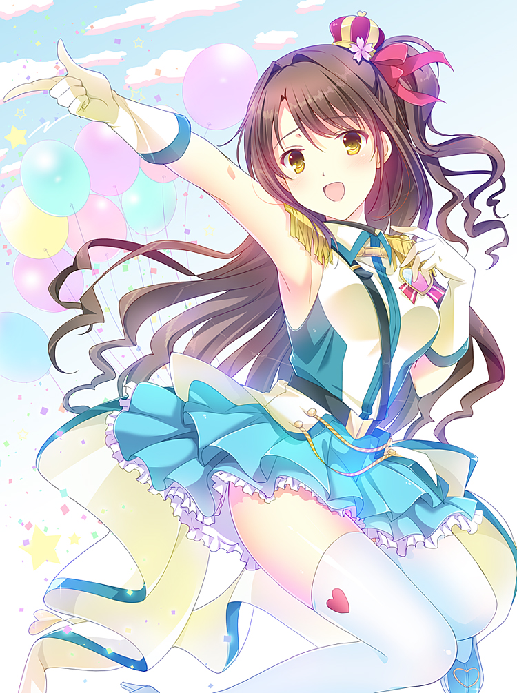 1girl, :d, bad_id, bad_pixiv_id, balloon, breasts, brown_eyes, brown_hair, cloud, crown, crystal_night_party, epaulettes, female_focus, gloves, hair_intakes, hand_on_own_chest, heart, high_heels, idolmaster, idolmaster_cinderella_girls, long_hair, medium_breasts, mini_crown, one_side_up, open_mouth, outstretched_arm, pointing, satou_satoru, shimamura_uzuki, smile, solo, thighhighs, white_gloves