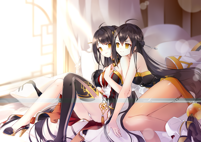 2girls, ahoge, ara_haan, ara_han, bed, black_hair, black_legwear, blush