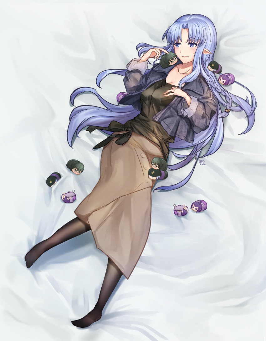 1girl, akikame_reina, black_pantyhose, black_shirt, blue_eyes, blue_hair, blush, braid, breasts, brown_skirt, character_doll, cleavage, collarbone, doll, fate/stay_night, fate_(series), female_focus, highres, jacket, long_hair, long_skirt, lying, medea_(caster)_(fate), medea_(fate), medium_breasts, official_alternate_costume, on_back, open_clothes, open_jacket, pantyhose, pointy_ears, sasaki_kojirou_(fate), shirt, skirt, smile, solo, very_long_hair