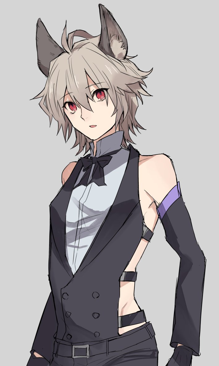 1boy, ahoge, animal_ears, belt, black_necktie, black_pants, collarbone, commentary