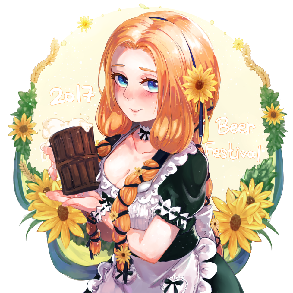 1girl, alcohol, apron, barmaid, beer, black_desert, blue_eyes, blush