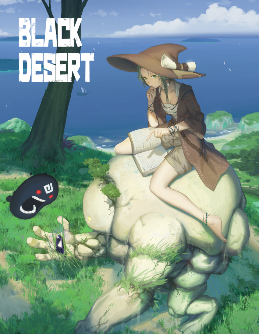 1girl, absurdres, anklet, beads, black_desert, black_spirit_(black_desert), blue_sky, boat