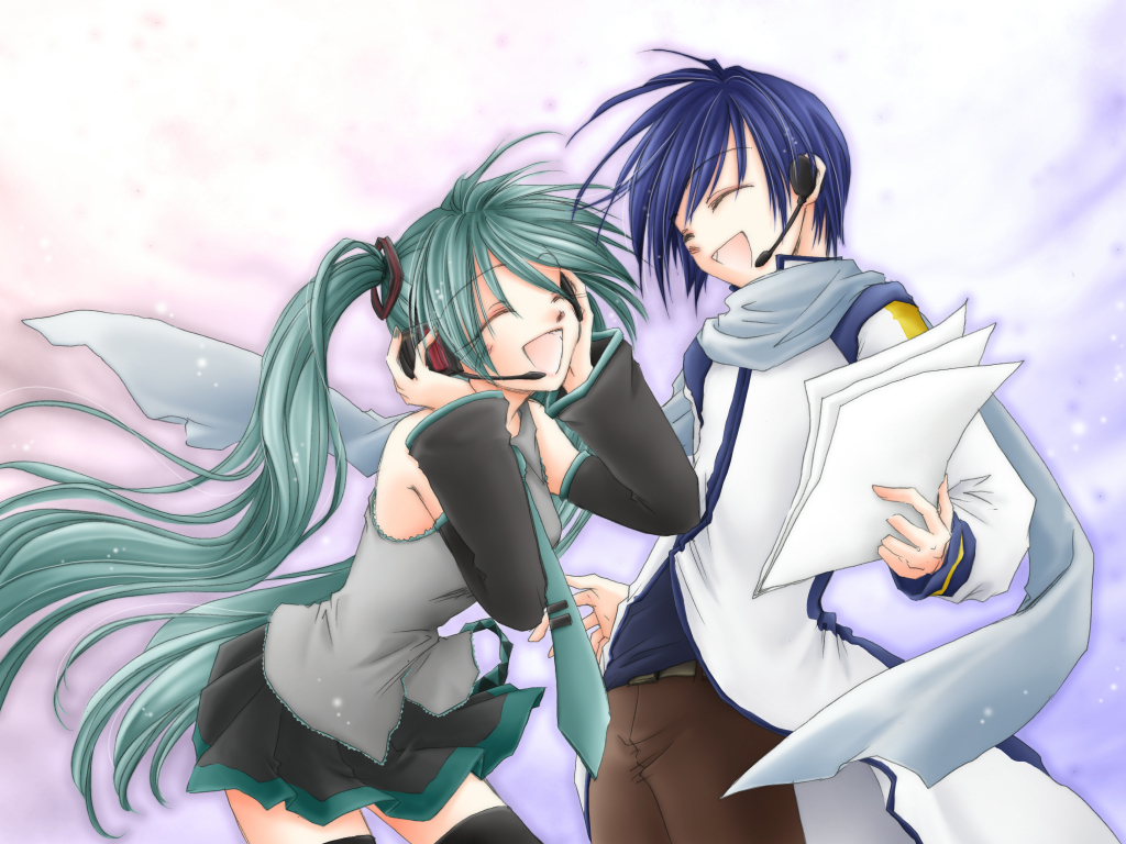 1boy, 1girl, blue_hair, detached_sleeves, fujie, green_hair, happy, hatsune_miku