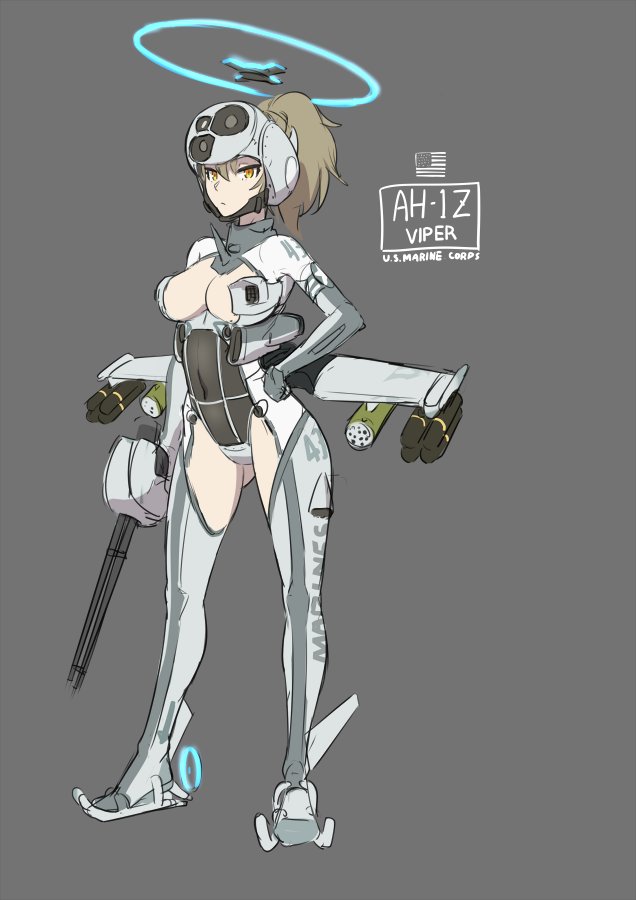 1girl, ah-1z_viper, aircraft, american_flag, attack_helicopter, breasts, brown_hair, cleavage, dark_background, female_focus, gun, helicopter, helmet, leotard, mecha_musume, mikoyan, military, military_vehicle, missile_pod, original, personification, ponytail, revealing_clothes, rotor, rudder_footwear, simple_background, solo, weapon, wings, yellow_eyes