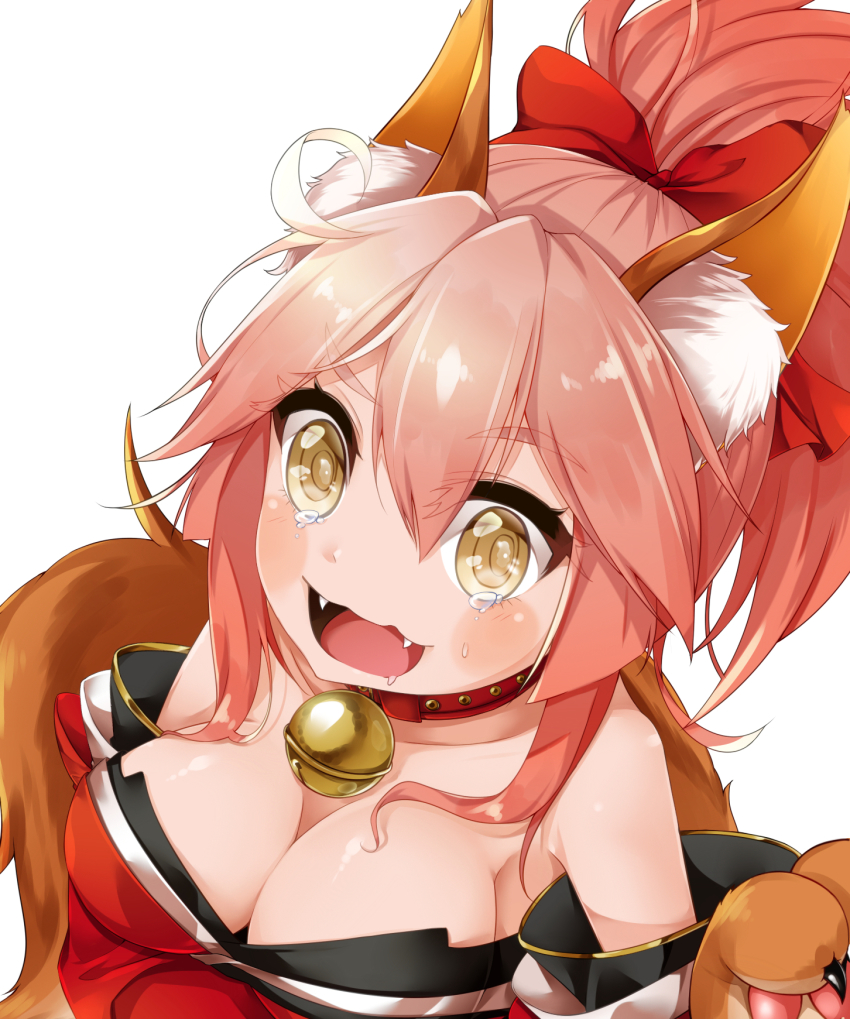 1girl, animal_ears, animal_hands, bell, breasts, cleavage, collar, dani_(kamenoaru), fangs, fate/grand_order, fate_(series), female_focus, fox_ears, fox_tail, hair_ribbon, hand_on_own_stomach, highres, large_breasts, long_hair, looking_at_viewer, looking_up, neck_bell, open_mouth, pink_hair, ribbon, saliva, simple_background, solo, tail, tamamo_cat_(fate), tamamo_cat_(first_ascension)_(fate), tamamo_no_mae_(fate), tears, wavy_mouth, white_background, yellow_eyes