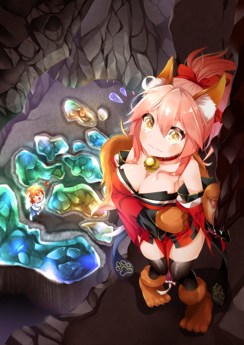 2girls, absurdres, ahoge, animal_ears, animal_hands, bell, black_thighhighs, breasts