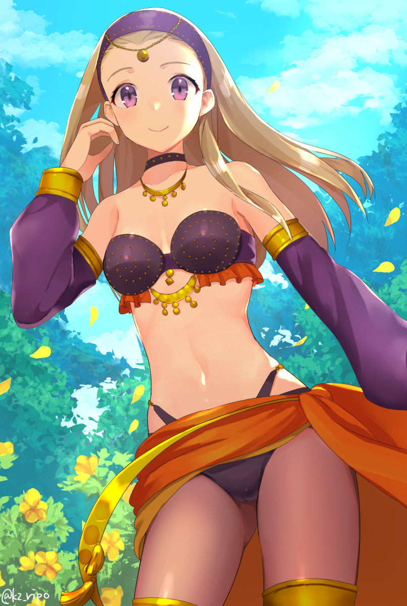 1girl, bikini, black_bikini, black_necktie, breasts, cameltoe, cleavage, commentary_request, cowboy_shot, dancer, day, dragon_quest, dragon_quest_xi, female_focus, from_below, highres, kz_ripo, necktie, outdoors, senya_(dq11), solo, standing, stomach, strapless, strapless_bikini, swimsuit, thigh_strap, thighs