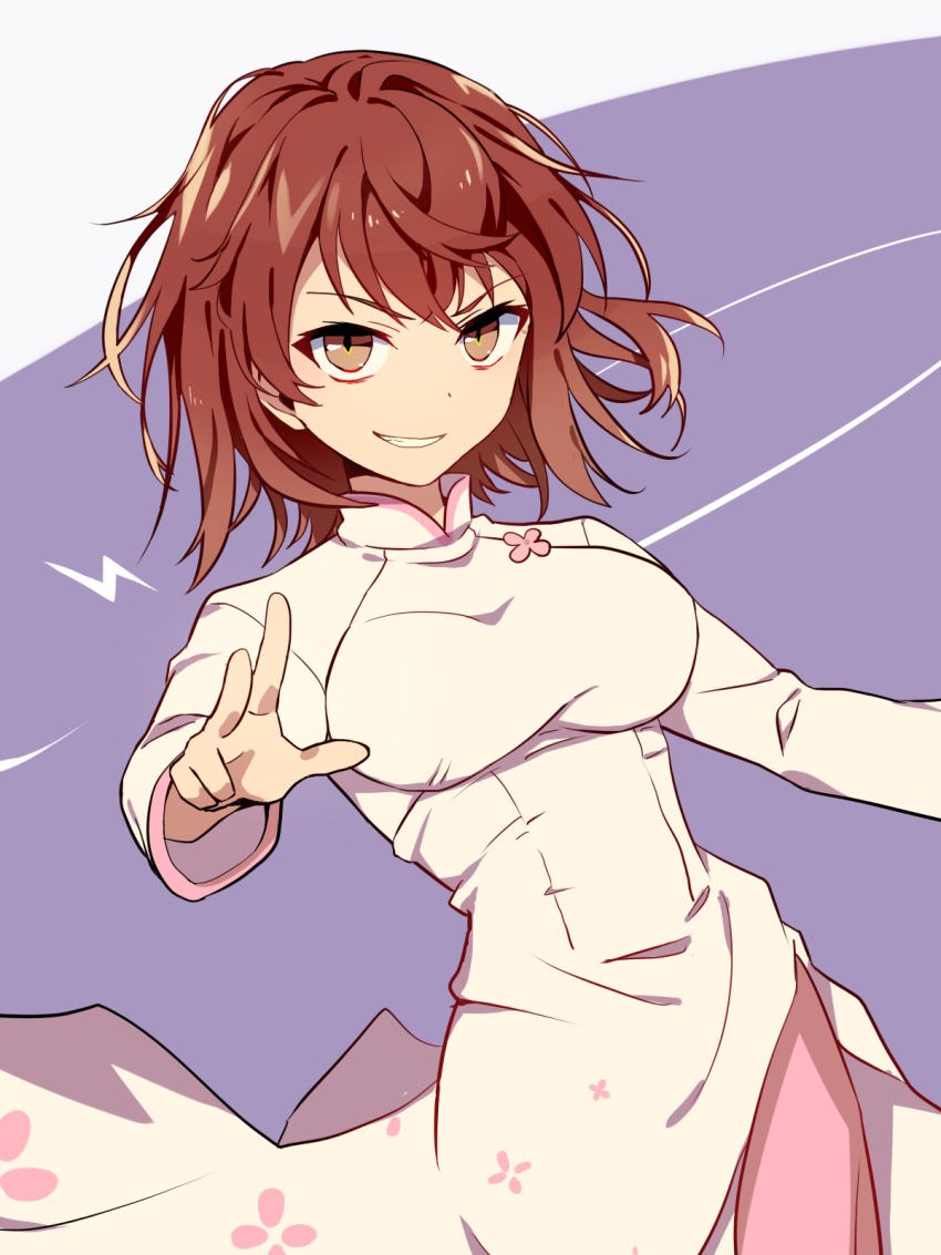 >:d, 1girl, :d, breasts, brown_eyes, brown_hair, china_dress, chinese_clothes