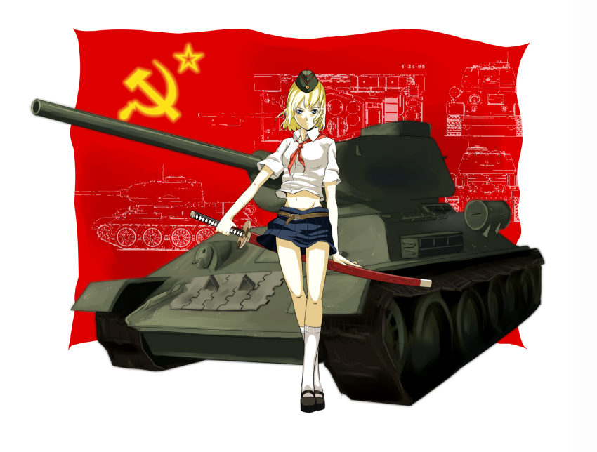 1girl, absurdres, blonde_hair, caterpillar_tracks, communism, female_focus, first_squad, garrison_cap, hammer_and_sickle, hat, highres, katana, midriff, military, military_vehicle, motor_vehicle, nadya, pioneer_movement, pioneer_neckerchief, short_hair, skirt, socks, solo, soviet, soviet_pioneer, sunway, sword, t-34, tank, vehicle, weapon