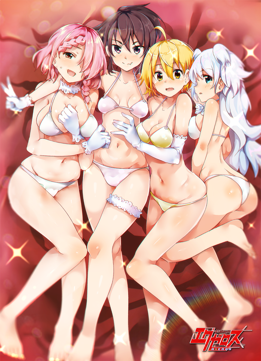 4girls, :d, :o, ahoge, ass, bare_arms, bare_legs, bare_shoulders, barefoot, bed_sheet, bikini, blonde_hair, blue_eyes, blurry, blush, braid, braided_bangs, breast_press, breasts, breasts_apart, brown_eyes, brown_hair, butt_crack, choker, cleavage, closed_mouth, depth_of_field, dokyuu_hentai_hxeros, elbow_gloves, fang, fang_out, french_braid, from_above, girl_sandwich, gloves, groin, hair_between_eyes, hair_over_one_eye, hand_on_another's_stomach, hand_on_own_chest, highres, hoshino_kirara, long_hair, lying, medium_breasts, momozono_momoka, multiple_girls, navel, on_back, on_stomach, open_mouth, pink_hair, ponytail, profile, ryouma_(galley), sandwiched, shirayuki_maihime, short_hair, sideboob, silver_hair, small_breasts, smile, sparkle, stomach, swimsuit, tareme, tenkuuji_sora, thigh_strap, two_side_up, v, very_long_hair, white_bikini, white_gloves, white_neckwear, yellow_bikini, yellow_eyes