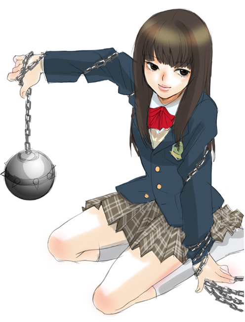 ball_and_chain_(weapon), brown_eyes, brown_hair, gogo_yubari, inuburo, kill_bill, killbill, kneehighs, lips, long_hair, plaid_clothes, plaid_skirt, school_uniform, serafuku, simple_background, sitting, skirt, socks, solo, spiked_ball_and_chain, weapon, white_background, white_socks, yuubari_gogo