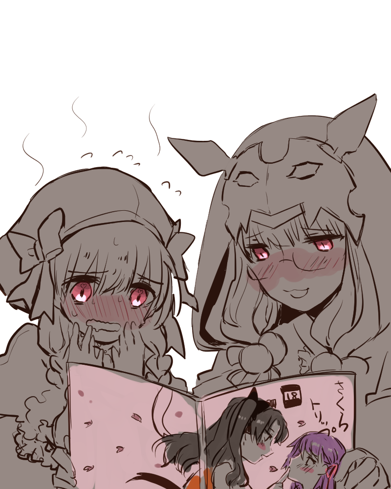 2girls, black_bow, black_hair, blush, bow, commentary_request, fate/grand_order, fate/stay_night, fate_(series), female_pervert, glasses, hair_bow, hair_ribbon, hat, hood, incest, long_hair, manga_(object), matou_sakura, multiple_girls, nemugiko, no_nose, nursery_rhyme_(fate), open_mouth, osakabehime_(fate), partially_colored, pervert, purple_hair, reading, red_eyes, red_ribbon, ribbon, siblings, sisters, sketch, steam, tohsaka_rin, translation_request, white_background, yuri, yurijoshi