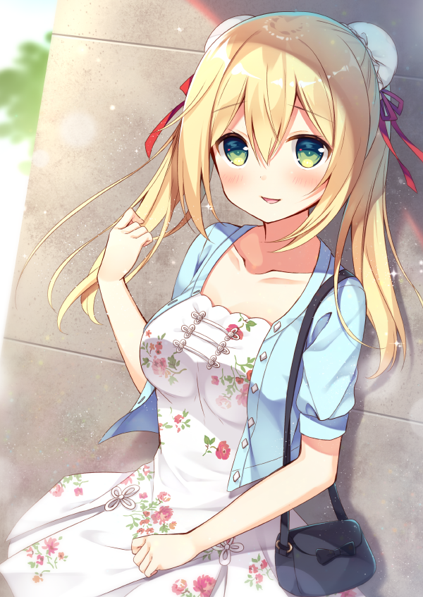 1girl, against_wall, anzu_(sumisaki_yuzuna), bad_id, bad_pixiv_id, bag, blonde_hair, blush, bow, breasts, bun_cover, collarbone, commentary_request, cowboy_shot, day, double_bun, dress, dutch_angle, female_focus, floral_print, green_eyes, hair_between_eyes, hair_bun, hair_ribbon, jacket, long_hair, looking_at_viewer, medium_breasts, open_mouth, original, outdoors, red_ribbon, ribbon, short_sleeves, shoulder_bag, smile, solo, sparkle, sumisaki_yuzuna, sunlight, twintails