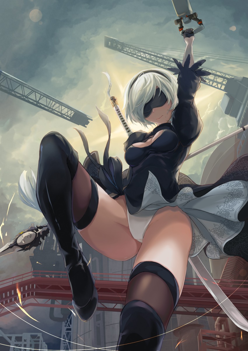 1girl, 2b_(nier:automata), bad_id, bad_pixiv_id, black_dress, black_gloves, blindfold, breasts