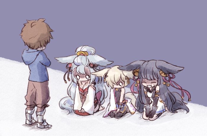 2boys, 2girls, animal_ears, backless_outfit, blue_hair, detached_sleeves, erune, fox_ears, fox_tail, gran_(granblue_fantasy), granblue_fantasy, hair_ornament, kou_(granblue_fantasy), long_hair, multiple_boys, multiple_girls, seiza, sitting, smile, societte_(granblue_fantasy), soppos, tail, tears, very_long_hair, white_hair, yuel_(granblue_fantasy)
