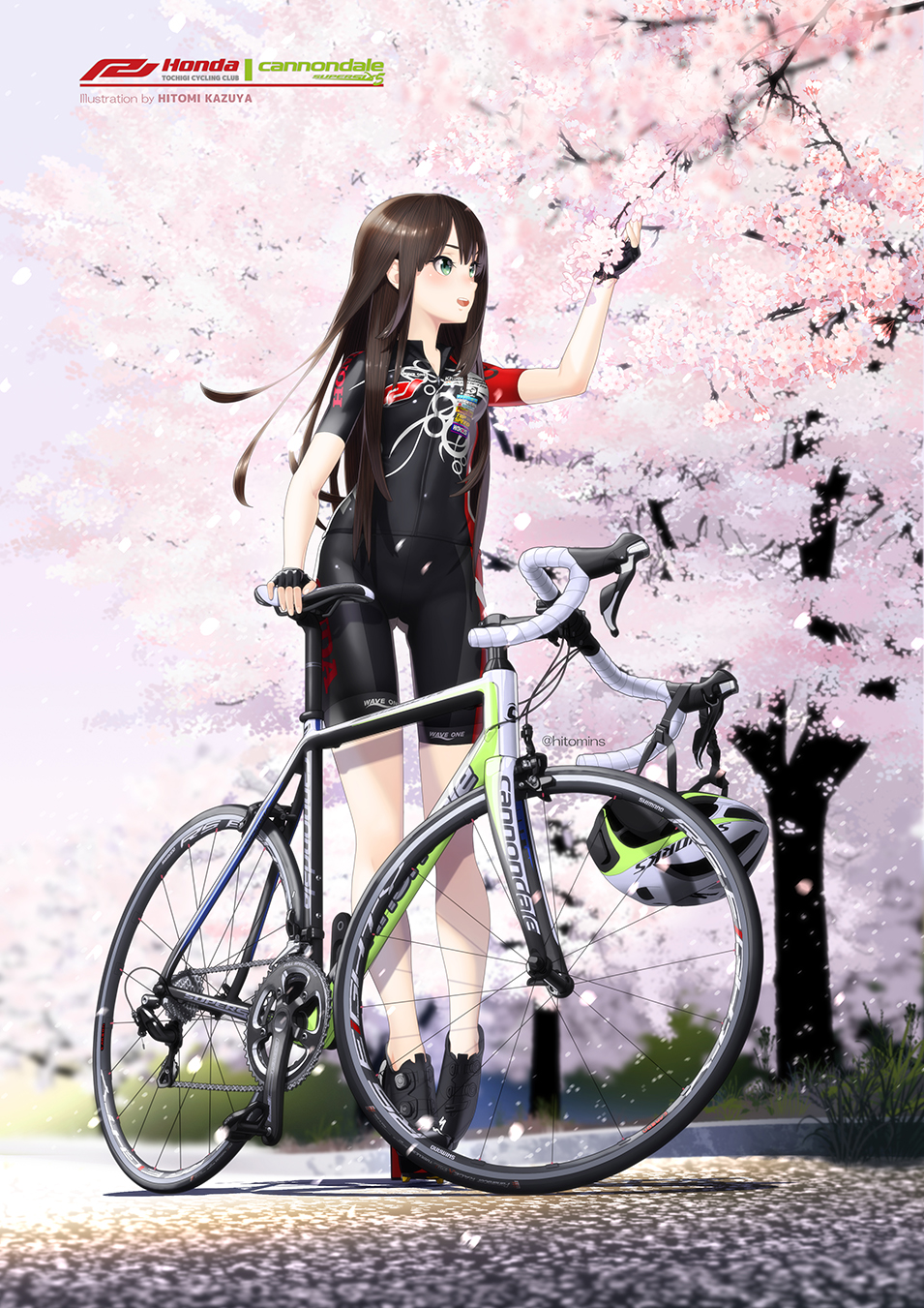 1girl, bicycle, bicycle_helmet, bike_jersey, black_gloves, blush, brown_hair, cannondale, cherry_blossoms, day, female_focus, fingerless_gloves, full_body, gloves, gluteal_fold, green_eyes, helmet, high_heels, highres, hitomi_kazuya, idolmaster, idolmaster_cinderella_girls, long_hair, open_mouth, outdoors, petals, shibuya_rin, smile, solo, standing, unworn_headwear, unworn_helmet