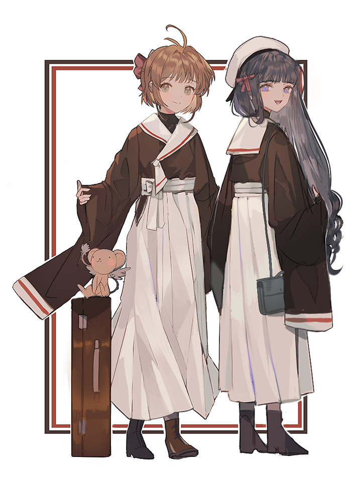 2girls, adapted_costume, antenna_hair, black_hair, blue_eyes, blush, brown_hair, cardcaptor_sakura