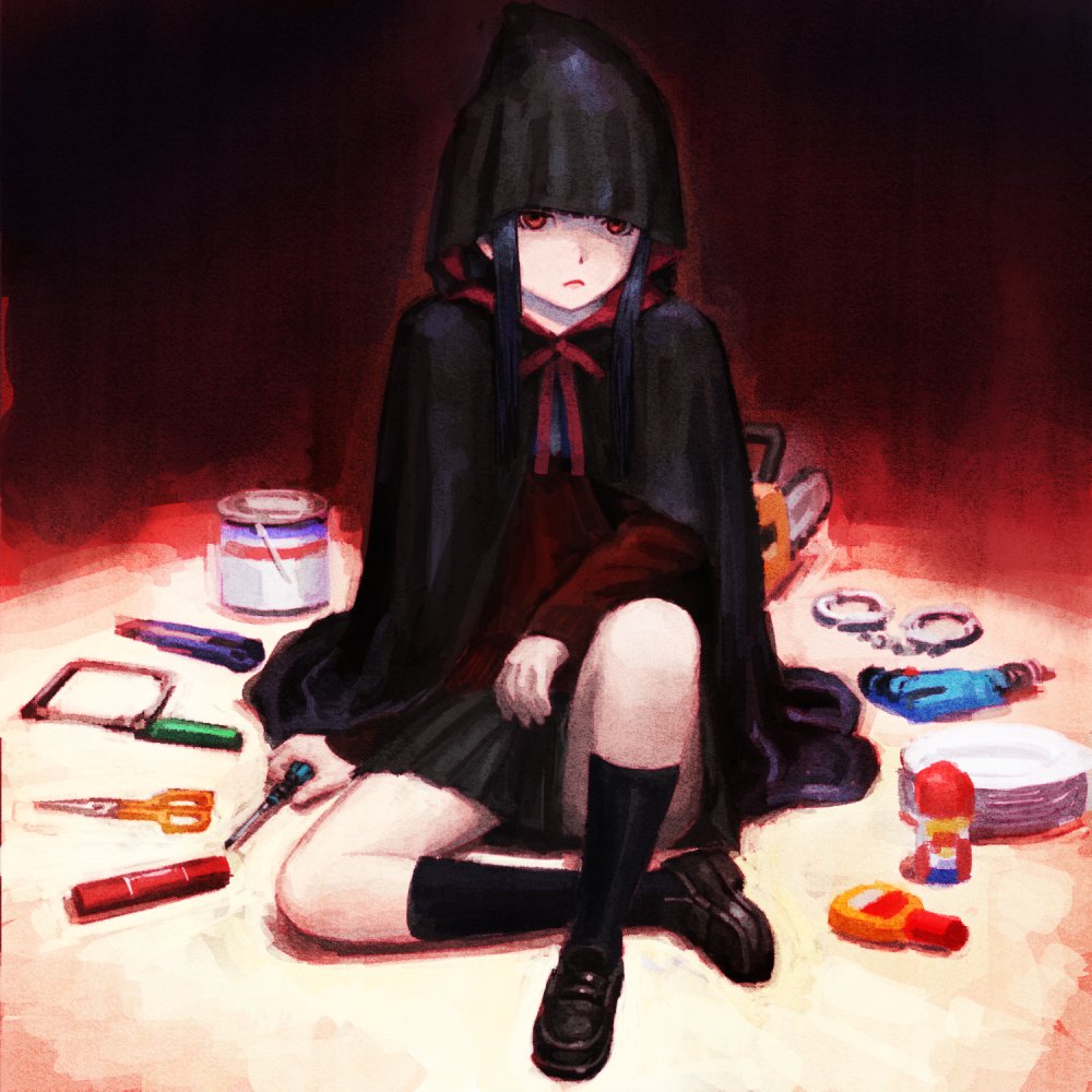 1girl, black_skirt, black_socks, brown_shoes, chainsaw, cloak, closed_mouth, cuffs, enma_ai, female_focus, frown, full_body, hacksaw, handcuffs, hood, hooded_cloak, jigoku_shoujo, knee_up, kneehighs, long_sleeves, looking_at_viewer, nazo_no_anime-dan, paint_can, pleated_skirt, red_eyes, saw, scissors, screwdriver, shoes, sitting, skirt, socks, solo