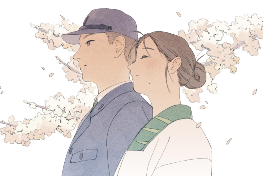 1boy, 1girl, apron, bad_id, bad_pixiv_id, black_hair, branch, brown_eyes, brown_hair, cherry_blossoms, closed_eyes, hair_bun, hat, highres, houjou_shuusaku, husband_and_wife, japanese_clothes, kappougi, kono_sekai_no_katasumi_ni, mole, namito, necktie, petals, single_hair_bun, upper_body, urano_suzu