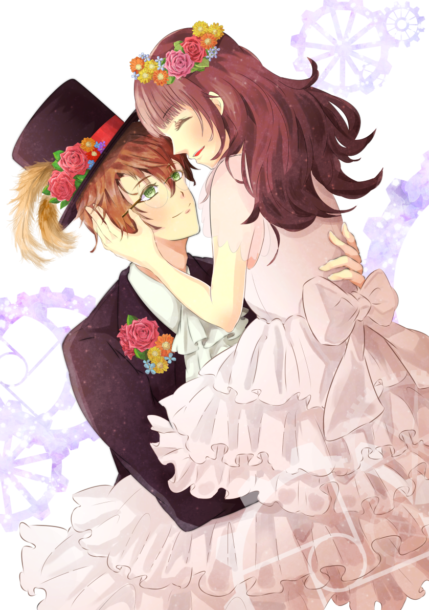 1boy, 1girl, ascot, bad_id, bad_pixiv_id, black_hat, brown_hair, cardia_beckford, code:realize, dress, eye_contact, formal_clothes, frilled_dress, frills, gears, glasses, green_eyes, hand_on_another's_face, hat, head_wreath, hetero, long_hair, looking_at_another, nashisakura_(rio), suit, victor_frankenstein_(code:realize), white_dress