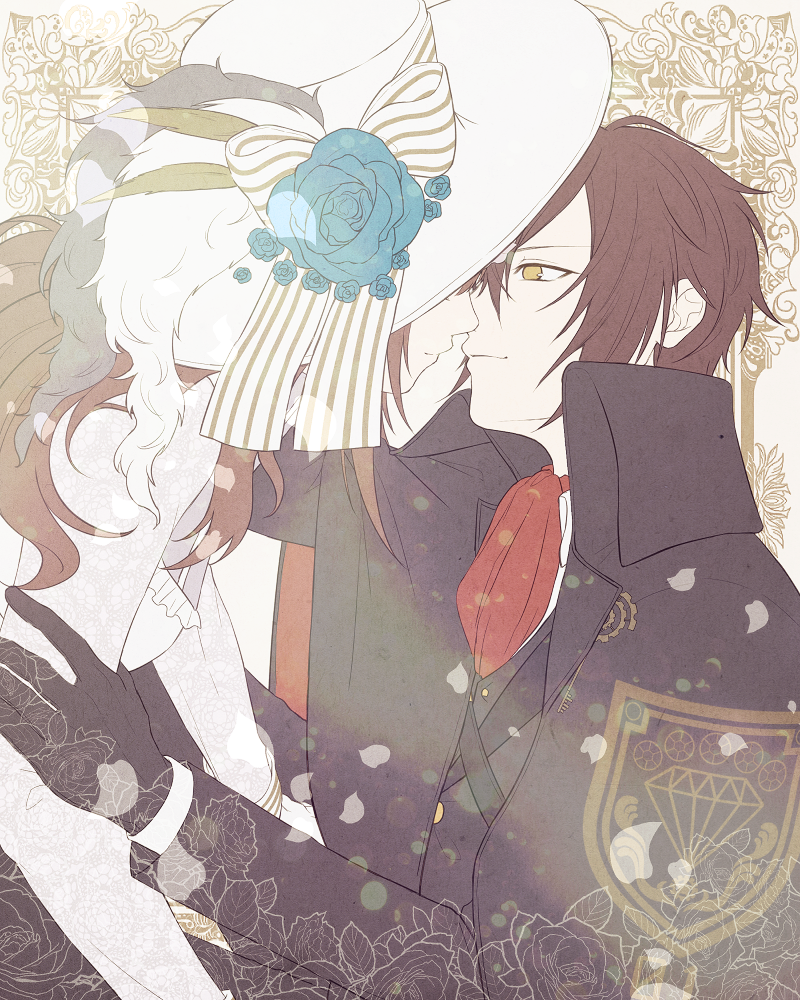 1boy, 1girl, ariake_aria, arsene_lupin_(code:realize), ascot, black_gloves, blue_flower, bow