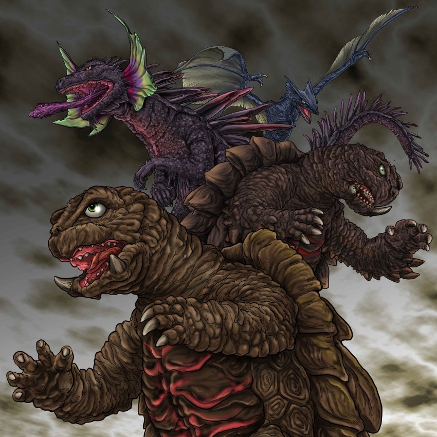 absurdres, alternate_form, avant_gamera, baby, body_markings, broken_tooth, broken_tusk, dual_persona