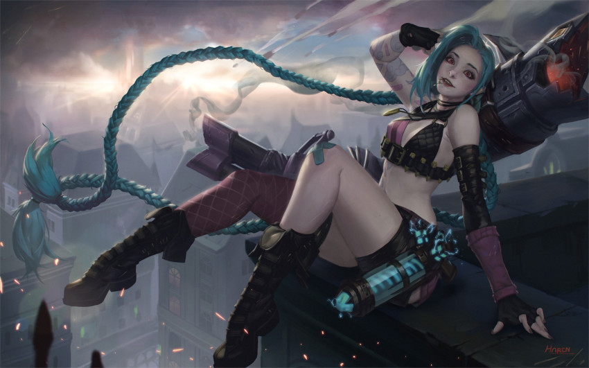 1girl, aqua_hair, arm_support, artist_name, asymmetrical_legwear, bandaid, black_footwear, black_gloves, blue_hair, braid, breasts, building, bullet, female_focus, fingerless_gloves, gloves, jinx_(league_of_legends), kim_han_seul, league_of_legends, long_hair, looking_at_viewer, medium_breasts, mismatched_legwear, outdoors, pink_eyes, sitting, solo, tattoo, twin_braids, very_long_hair, xiangyun