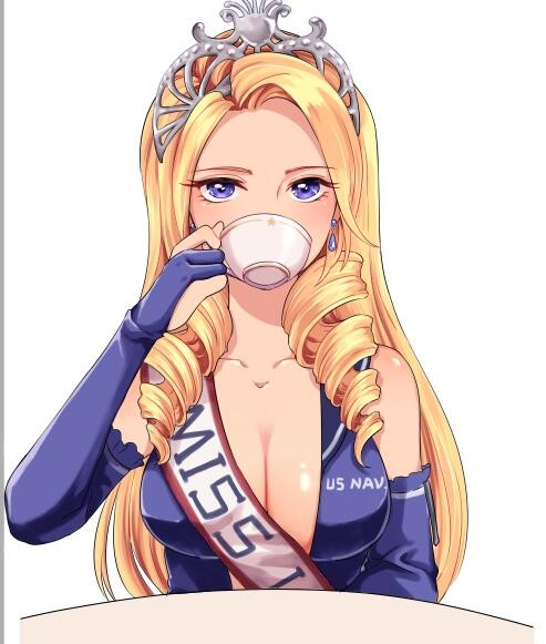 1girl, bare_shoulders, blonde_hair, blue_dress, blue_gloves, breasts, cleavage, collarbone, cup, dress, drill_hair, drinking, earrings, elbow_gloves, female_focus, gloves, jewelry, kantai_collection, large_breasts, looking_at_viewer, new_jersey_(pacific), pacific_(kancolle), partially_fingerless_gloves, purple_eyes, sailor_collar, sash, sima_naoteng, solo, table, teacup, tiara, upper_body