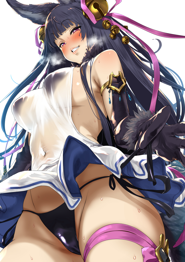 1girl, animal_ears, armlet, backless_dress, backless_outfit, bare_shoulders, bell, bikini, bikini_under_clothes, black_bikini, black_gloves, black_hair, blunt_bangs, blush, breasts, commentary_request, covered_navel, dress, elbow_gloves, erune, female_focus, fox_ears, fox_tail, gloves, granblue_fantasy, grin, hair_bell, hair_ornament, hair_ribbon, hip_focus, jewelry, large_breasts, leg_ribbon, long_hair, pija_(pianiishimo), purple_eyes, purple_ribbon, ribbon, see-through_clothes, side-tie_bottom, sideboob, simple_background, smile, solo, sweat, swimsuit, tail, thigh_ribbon, white_background, white_dress, yuel_(granblue_fantasy), yuel_(water)_(granblue_fantasy)