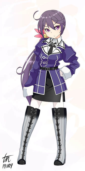 >:(, 1girl, ahoge, akebono_(kancolle), arm_at_side, bell, belt, belt_buckle, black_necktie, black_skirt, blush, boots, buckle, closed_mouth, commentary_request, contrapposto, cosplay, dated, female_focus, flower, frown, full_body, gradient_boots, hair_bell, hair_flower, hair_ornament, jingle_bell, juliet_sleeves, kantai_collection, knee_boots, lace-up_boots, legs_apart, long_hair, long_sleeves, looking_at_viewer, nachi_(kancolle), nachi_(kancolle)_(cosplay), necktie, pantyhose, pencil_skirt, puffy_sleeves, purple_eyes, purple_hair, side_ponytail, signature, skirt, solo, standing, striped_clothes, striped_footwear, tun, v-shaped_eyebrows, vertical_stripes, very_long_hair, white_pantyhose