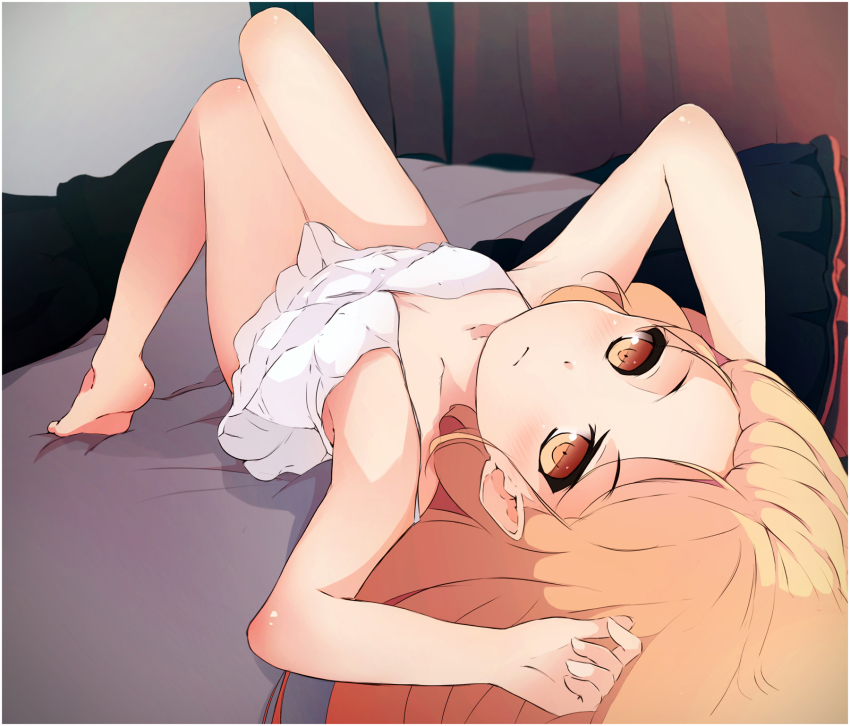 bakadebiru, bakemonogatari, blonde_hair, dress, foreshortening, highres, kiss-shot_acerola-orion_heart-under-blade, kiss-shot_acerola-orion_heart-under-blade_(young), kizumonogatari, legs_together, looking_at_viewer, lying, monogatari_(series), on_back, oshino_shinobu, pointy_ears, solo, yellow_eyes