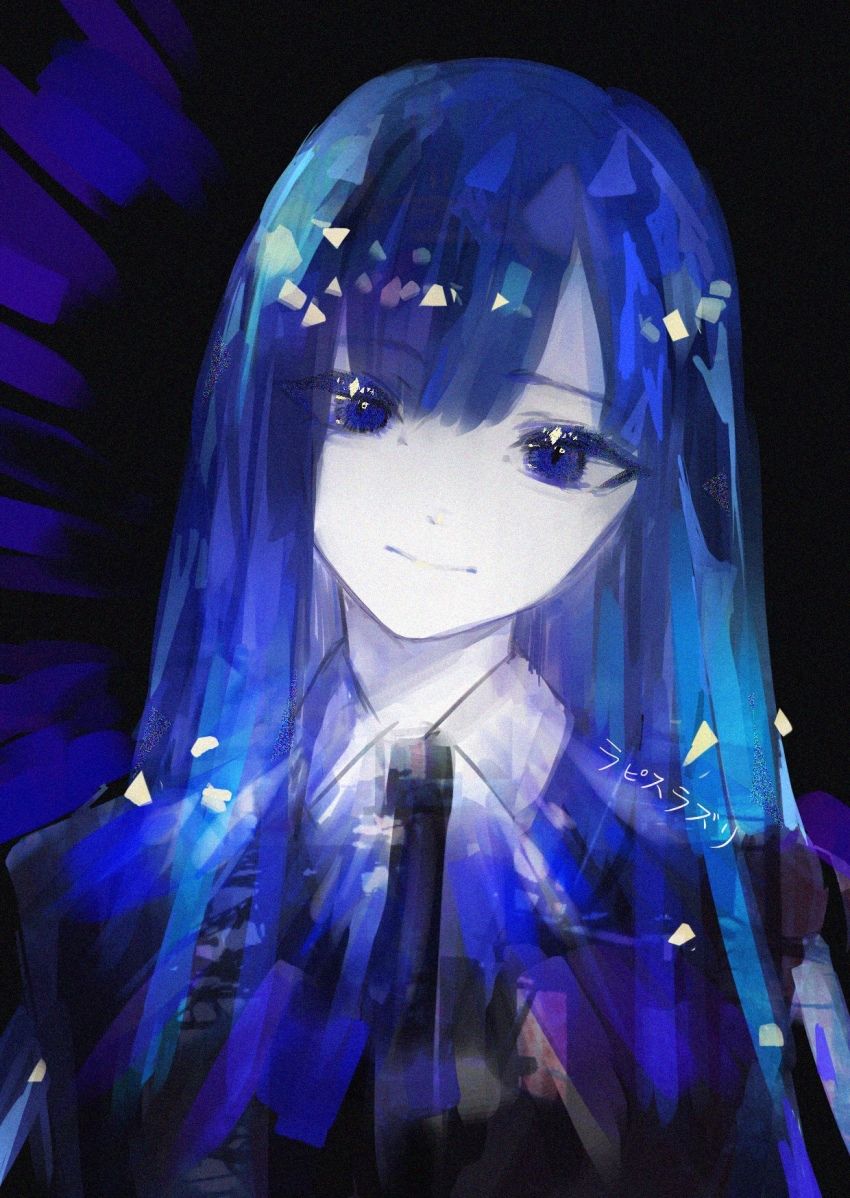 androgynous, black_background, black_necktie, blue_eyes, blue_hair, canothy, character_name, colored_skin