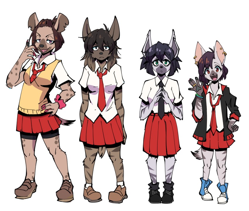 4girls, brown_eyes, brown_hair, furry, green_eyes, hyena, looking_at_viewer, multicolored_hair, multiple_girls, purple_hair, rakugakism, red_eyes, school_uniform, short_hair, smile, spotted_hyena, two-tone_hair