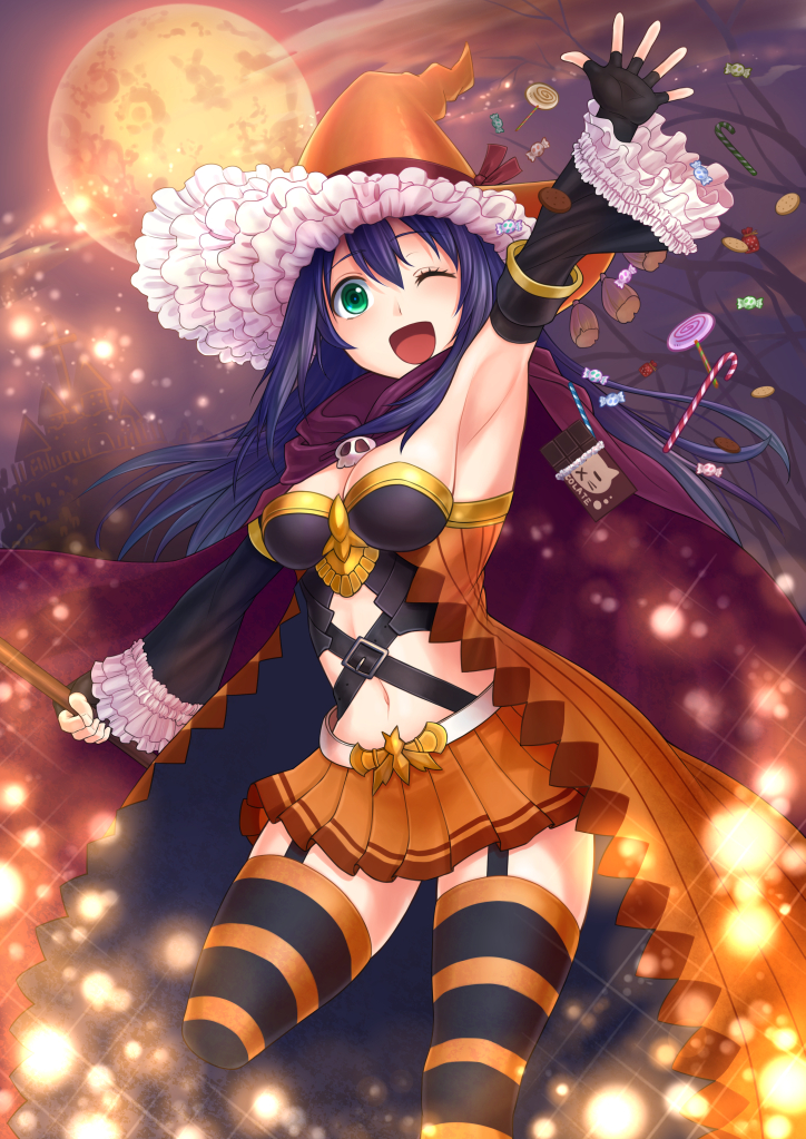 1girl, ;d, alternate_costume, arm_up, armpits, belt, belt_buckle, blue_hair