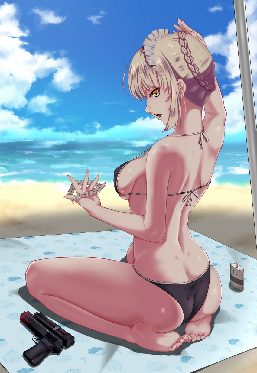1girl, ahoge, arm_up, artoria_pendragon_(fate), ass, back, bare_arms, bare_legs