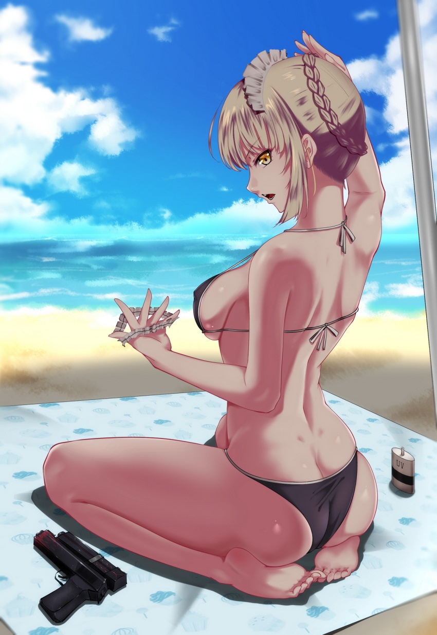 1girl, ahoge, arm_up, artoria_pendragon_(fate), ass, back, bare_arms, bare_legs, bare_shoulders, barefoot, beach, beach_towel, bikini, black_bikini, blue_sky, blush, braid, breasts, butt_crack, covered_erect_nipples, day, dimples_of_venus, fate/grand_order, fate_(series), feet, female_focus, gun, halterneck, handgun, highres, holding, horizon, kamkac, lotion_bottle, maid_headdress, medium_breasts, ocean, open_mouth, outdoors, pistol, profile, saber_alter, saber_alter_(swimsuit_rider)_(second_ascension), short_hair, sideboob, sidelocks, sideways_mouth, sitting, sky, soles, solo, strap_gap, swimsuit, thighs, toes, towel, wariza, water, weapon, yellow_eyes