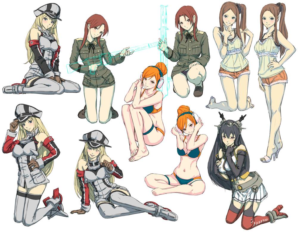 4girls, 5girls, bikini, bismarck_(kancolle), black_hair, blonde_hair, breasts, brown_hair