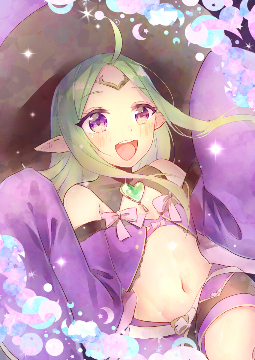 1girl, absurdres, ahoge, blush, cape, circlet, female_focus, fire_emblem, fire_emblem_awakening, fire_emblem_heroes, gloves, green_hair, halloween, hat, highres, long_hair, mirin., navel, nintendo, nowi_(eternal_witch)_(fire_emblem), nowi_(fire_emblem), open_mouth, pointy_ears, purple_eyes, smile, solo, witch