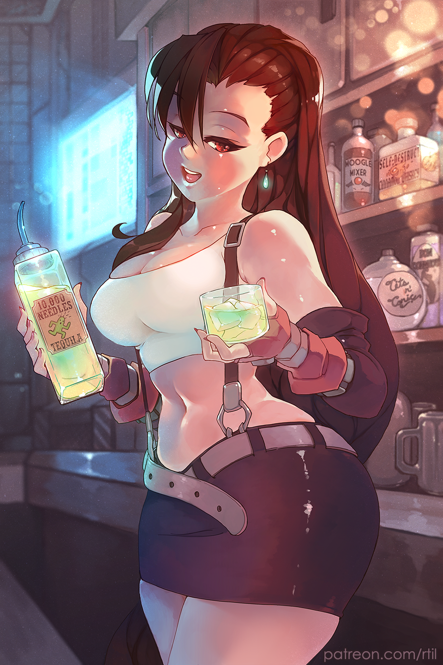 1girl, alcohol, bar_(place), belt, bottle, breasts, brown_hair, cactus