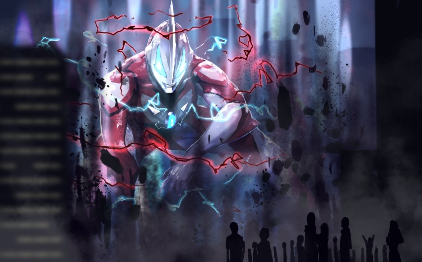 alien, city, debris, electricity, energy, giant, glowing, glowing_eyes