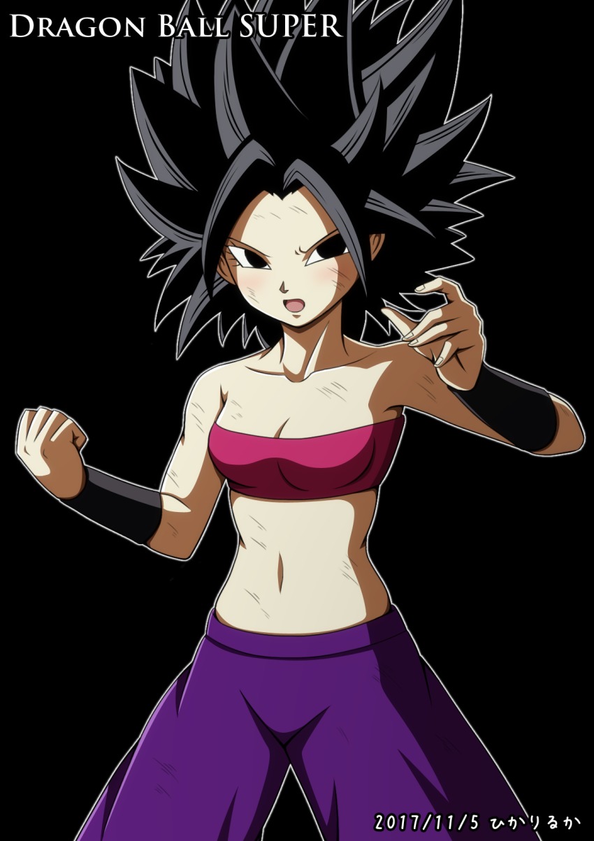 10s, 1girl, bandeau, black_eyes, black_hair, breasts, caulifla, cleavage, clenched_hand, collarbone, copyright_name, dated, dirty, dragon_ball, dragon_ball_super, female_focus, highres, hikari_(hikari_no_kobako), medium_breasts, midriff, navel, official_style, outline, solo