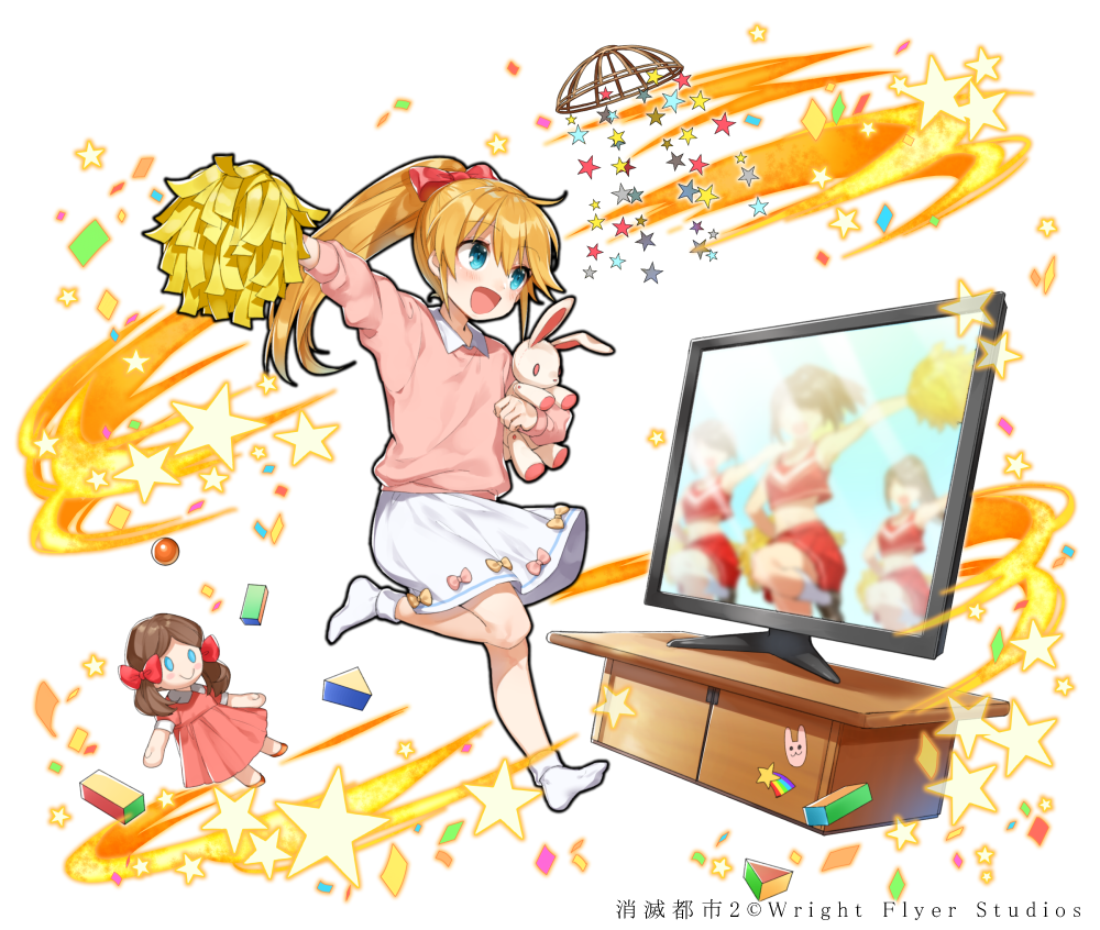 1girl, :d, blue_eyes, brown_hair, cheerleader, doll, full_body, holding