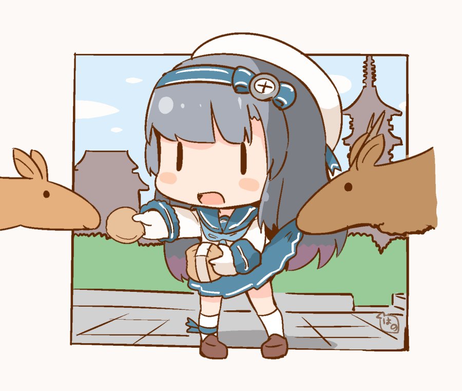 1girl, artist_name, black_hair, blue_neckerchief, blush_stickers, bow, chibi, clothes_pull