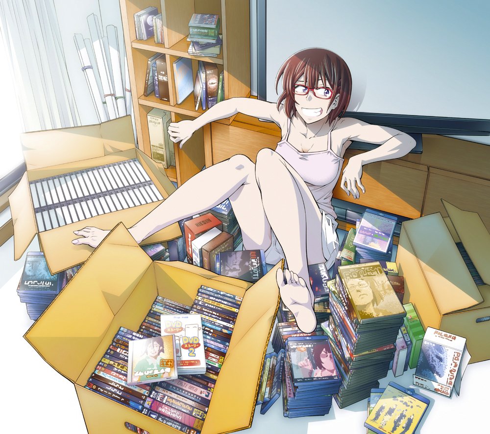 1girl, acai, barefoot, box, brown_hair, camisole, cardboard_box, dvd_case, feet, female_focus, full_body, glasses, grin, kine-san_no_1-ri_de_cinema, kine_machiko, looking_away, purple_eyes, shelf, short_hair, short_shorts, shorts, smile, soles, solo, toes