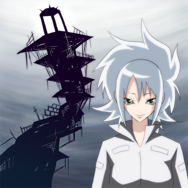 00s, 1girl, blue_eyes, blue_hair, building, casshern_(series), casshern_sins, closed_mouth, collar, female_focus, lizabell, long_sleeves, looking_at_viewer, matching_hair/eyes, ponytail, ruins, smirk, solo, uniform, upper_body