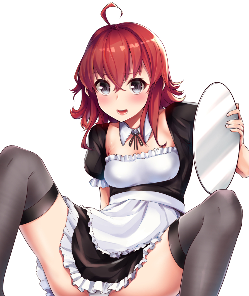 1girl, alternate_costume, apron, arashi_(kancolle), arm_support, black_eyes, black_ribbon, black_thighhighs