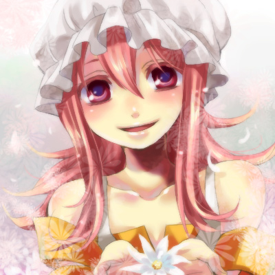 00s, 1girl, :d, bare_shoulders, blush, casshern_(series), casshern_sins, collarbone, dress, female_focus, flower, holding, looking_at_viewer, lowres, nico, nico_(casshern_sins), open_mouth, pink_eyes, pink_hair, sidelocks, sleeveless, sleeveless_dress, smile, solo, tareme