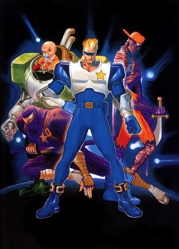 1991, 4boys, armor, artist_request, boots, capcom, captain_commando, captain_commando_(character), full_body, gloves, holding, holding_sword, holding_weapon, hoover_(captain_commando), katana, knife, looking_at_viewer, mack_the_knife, male_focus, multiple_boys, ninja, official_art, shou_(captain_commando), sword, weapon
