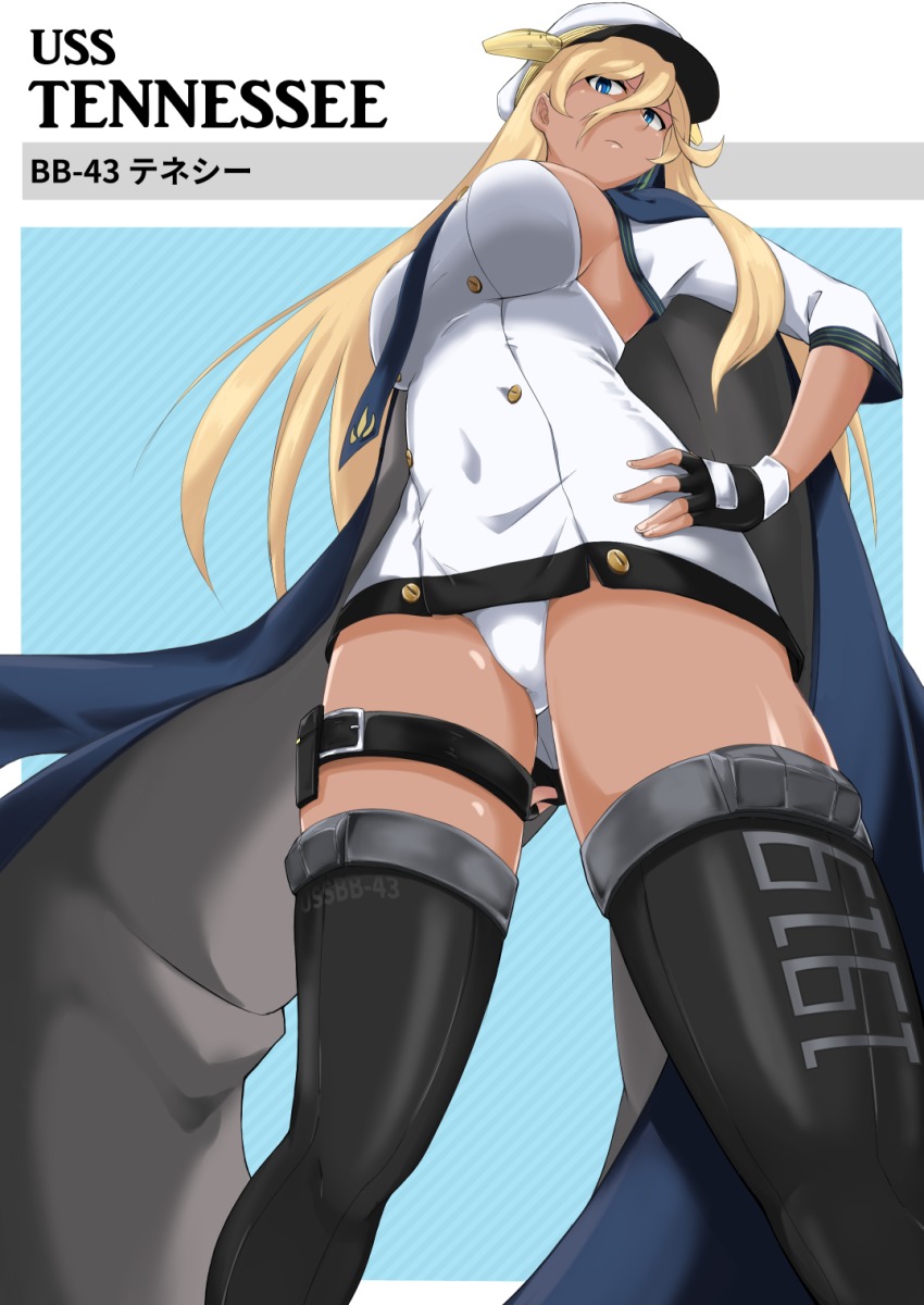 >:(, 1girl, azur_lane, belt, belt_buckle, black_belt, black_gloves, black_thighhighs, blonde_hair, blue_eyes, blue_necktie, breasts, bright_pupils, buckle, buttons, cape, character_name, closed_mouth, covered_navel, cowboy_shot, dark-skinned_female, dark_skin, dress, facing_away, female_focus, fingerless_gloves, fingernails, from_below, frown, gloves, hair_between_eyes, hand_on_own_hip, hat, highres, large_breasts, legs_apart, long_hair, necktie, no_bra, nose, peaked_cap, shi_shi_ji, shishiji, short_dress, solo, standing, straight_hair, tennessee_(azur_lane), thigh_strap, thighhighs, v-shaped_eyebrows, very_long_hair, white_dress, white_hat, white_pupils, zettai_ryouiki